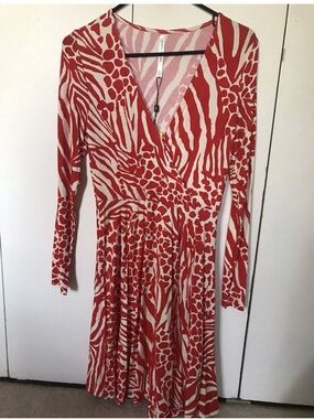 Karen Millen Red and Cream Animal-Print Long Sleeve Wrap Dress bnwt us4